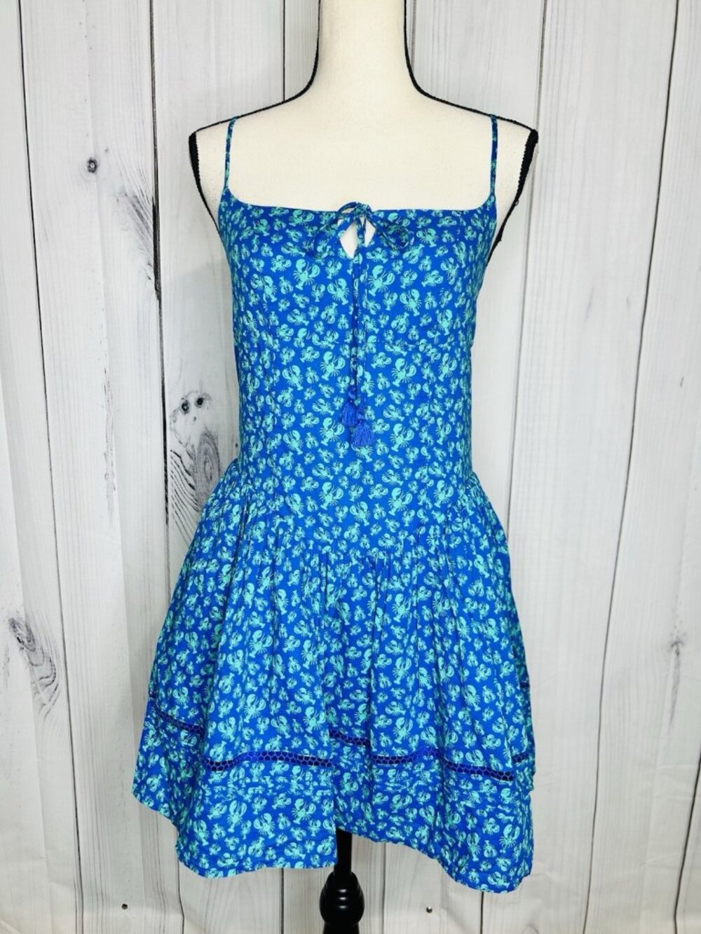 Roller Rabbit x Target Sz XS Blue Green Lobster Print Mini Dress Smocked Back